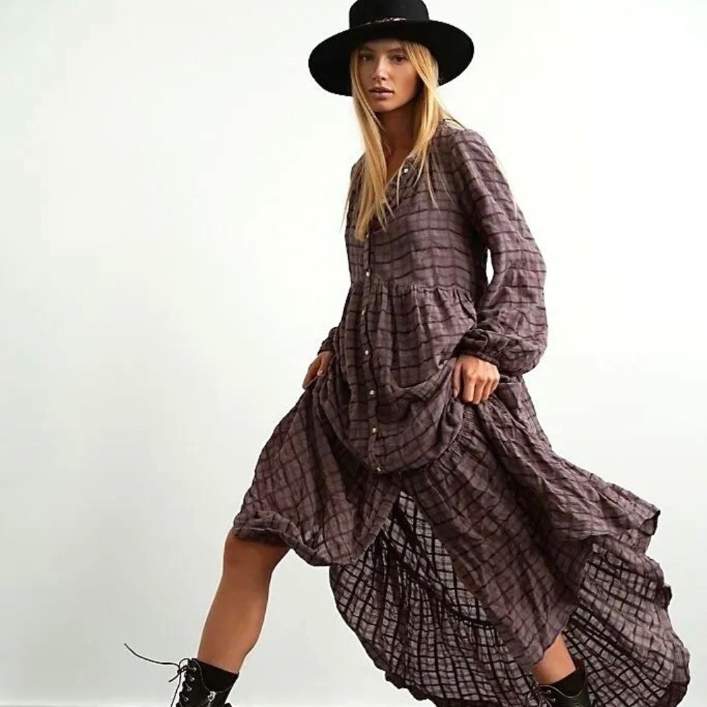 FREE PEOPLE Sz X EDIE PLAID BUTTON FRONT MAXI DESS DUSTER MAXI TOP HORSESHOE